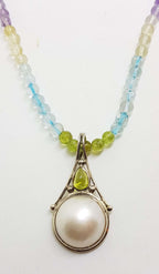 Sterling Silver Ornate Mabe Pearl &amp; Peridot Pendant on Multi-Colour Gemstone Bead Necklace Chain