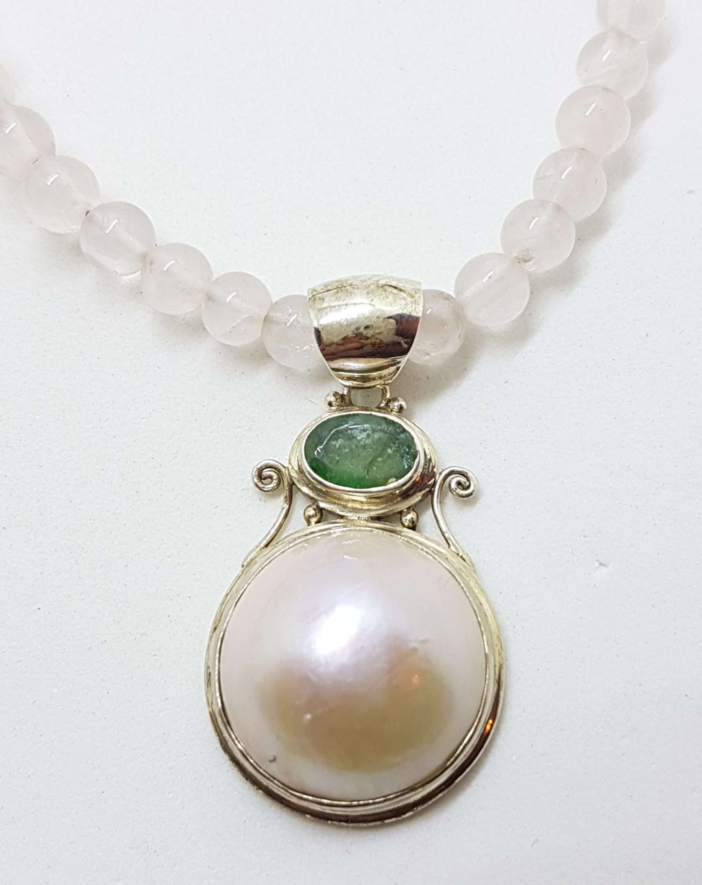 Sterling Silver Mabe Pearl &amp; Emerald Pendant on Rose Quartz Bead Necklace Chain