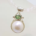 Sterling Silver Mabe Pearl &amp; Emerald Pendant on Rose Quartz Bead Necklace Chain