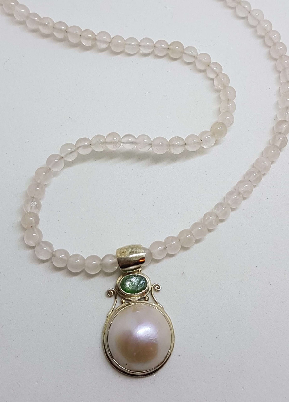 Sterling Silver Mabe Pearl &amp; Emerald Pendant on Rose Quartz Bead Necklace Chain