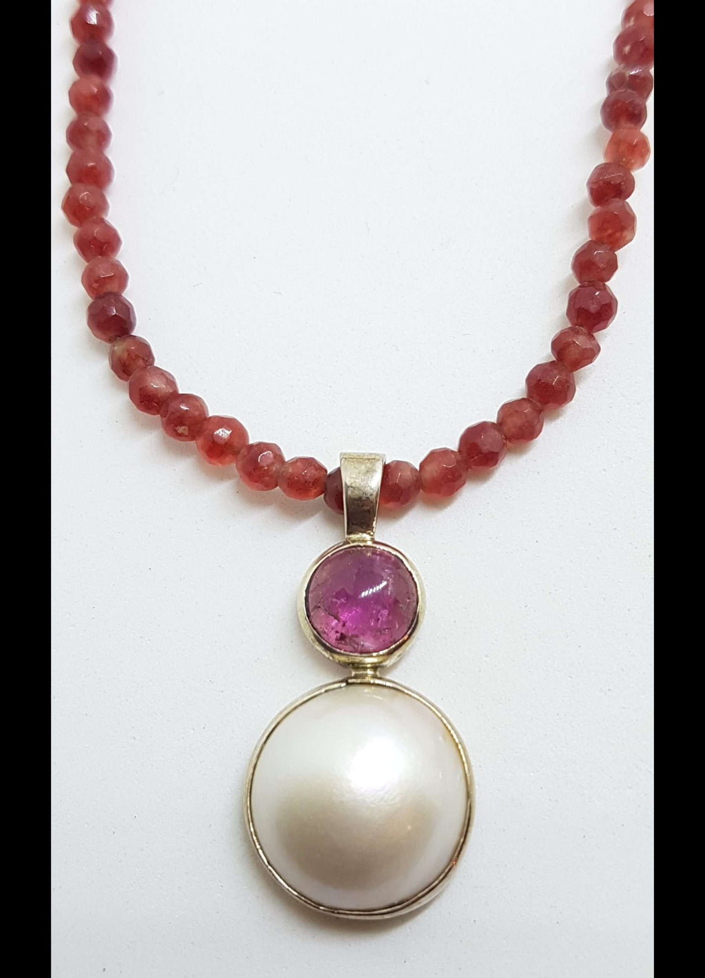 Sterling Silver Mabe Pearl &amp; Pink Tourmaline Pendant on Natural Bead Silver Chain
