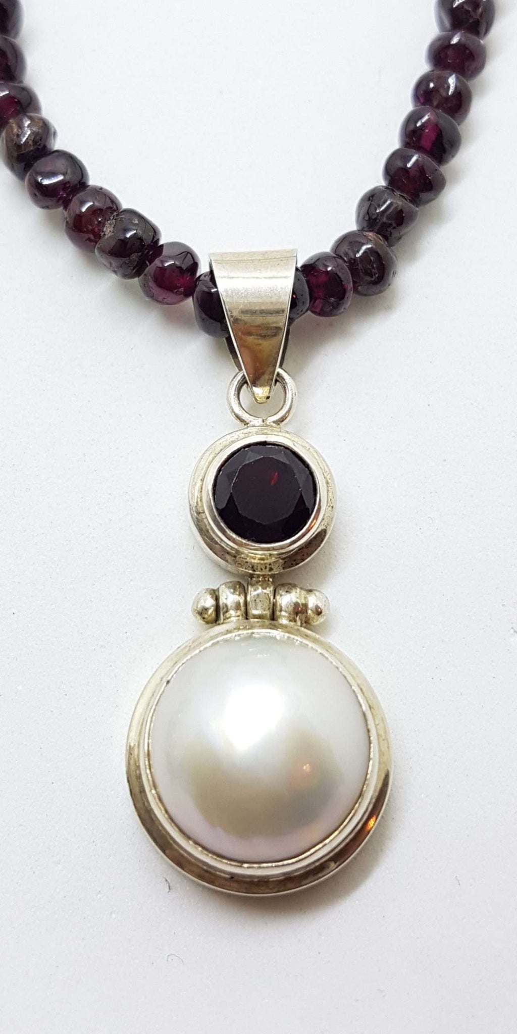 Sterling Silver Mabe Pearl &amp; Garnet Pendant on Garnet Bead Chain