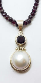 Sterling Silver Mabe Pearl &amp; Garnet Pendant on Garnet Bead Chain