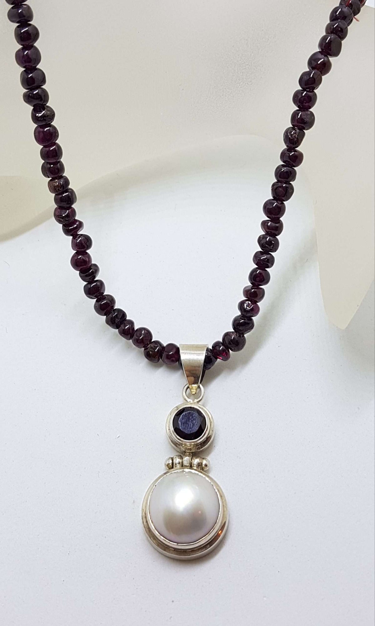 Sterling Silver Mabe Pearl &amp; Garnet Pendant on Garnet Bead Chain