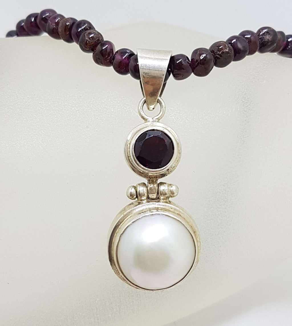 Sterling Silver Mabe Pearl &amp; Garnet Pendant on Garnet Bead Chain