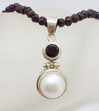 Sterling Silver Mabe Pearl &amp; Garnet Pendant on Garnet Bead Chain