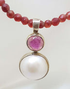 Sterling Silver Mabe Pearl &amp; Pink Tourmaline Pendant on Natural Bead Silver Chain