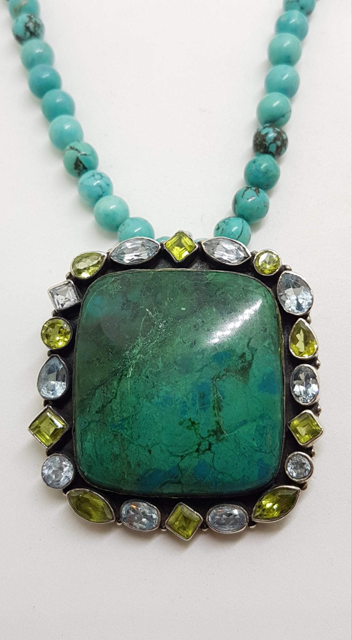 Sterling Silver Large Square Chrysocolla with Topaz and Peridot Pendant on Turquoise Bead Necklace / Chain