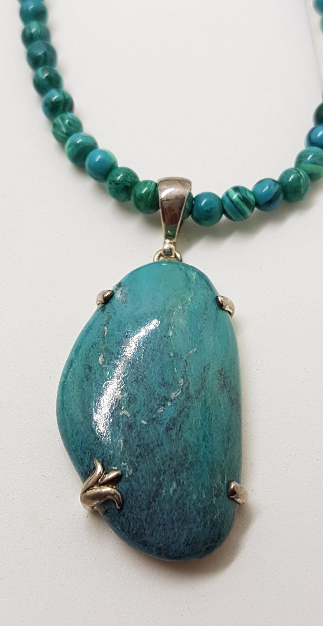 Sterling Silver Large Turquoise Pendant on Turquoise Bead Necklace / Chain