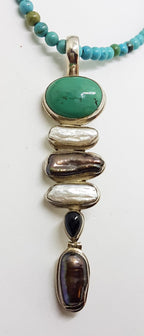 Sterling Silver Large &amp; Long Turquoise, Blister Pearl and Onyx Pendant on Turquoise Bead Necklace / Chain
