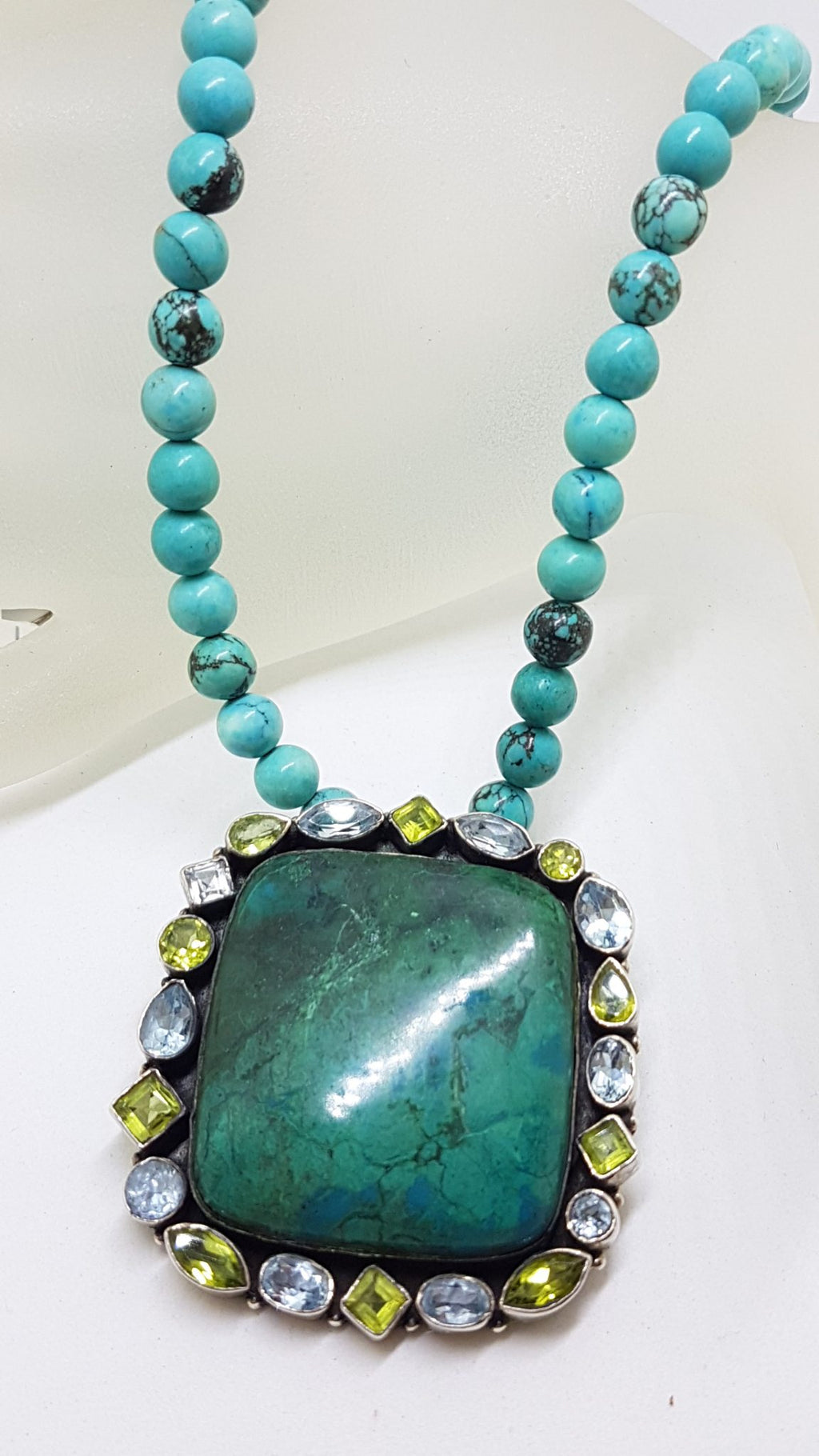 Sterling Silver Large Square Chrysocolla with Topaz and Peridot Pendant on Turquoise Bead Necklace / Chain