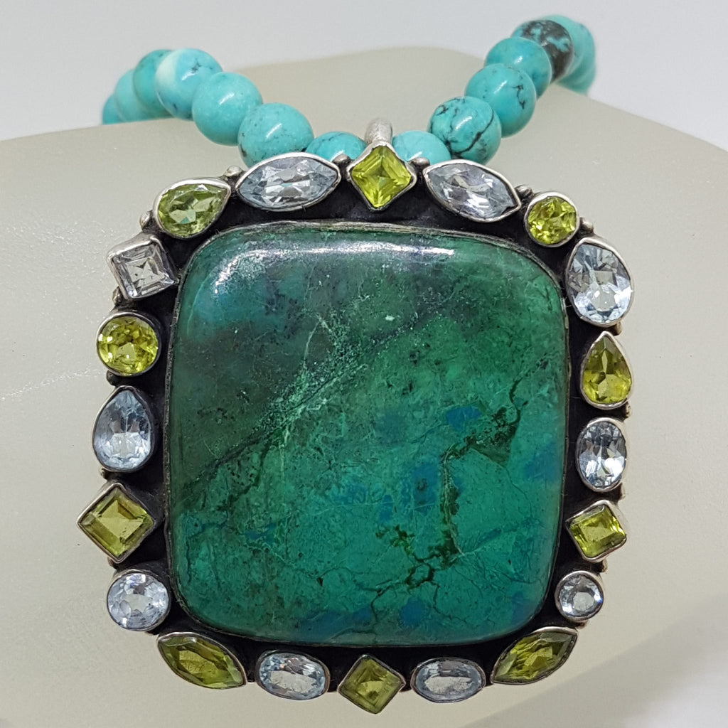 Sterling Silver Large Square Chrysocolla with Topaz and Peridot Pendant on Turquoise Bead Necklace / Chain