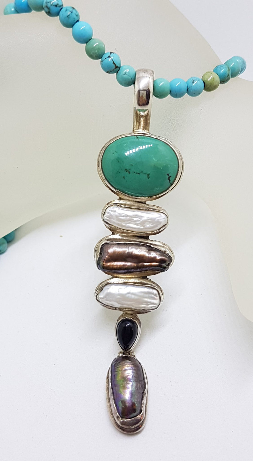 Sterling Silver Large &amp; Long Turquoise, Blister Pearl and Onyx Pendant on Turquoise Bead Necklace / Chain