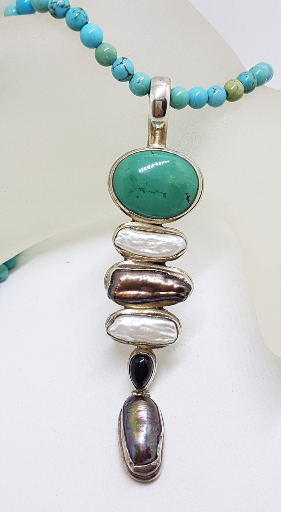 Sterling Silver Large &amp; Long Turquoise, Blister Pearl and Onyx Pendant on Turquoise Bead Necklace / Chain