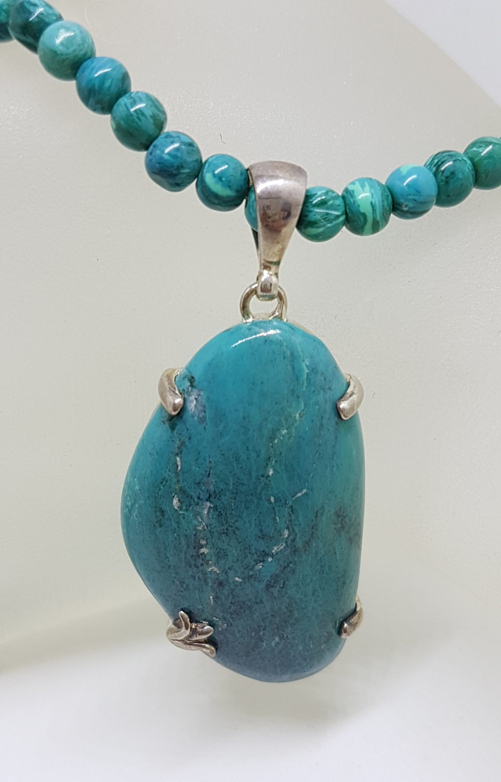 Sterling Silver Large Turquoise Pendant on Turquoise Bead Necklace / Chain