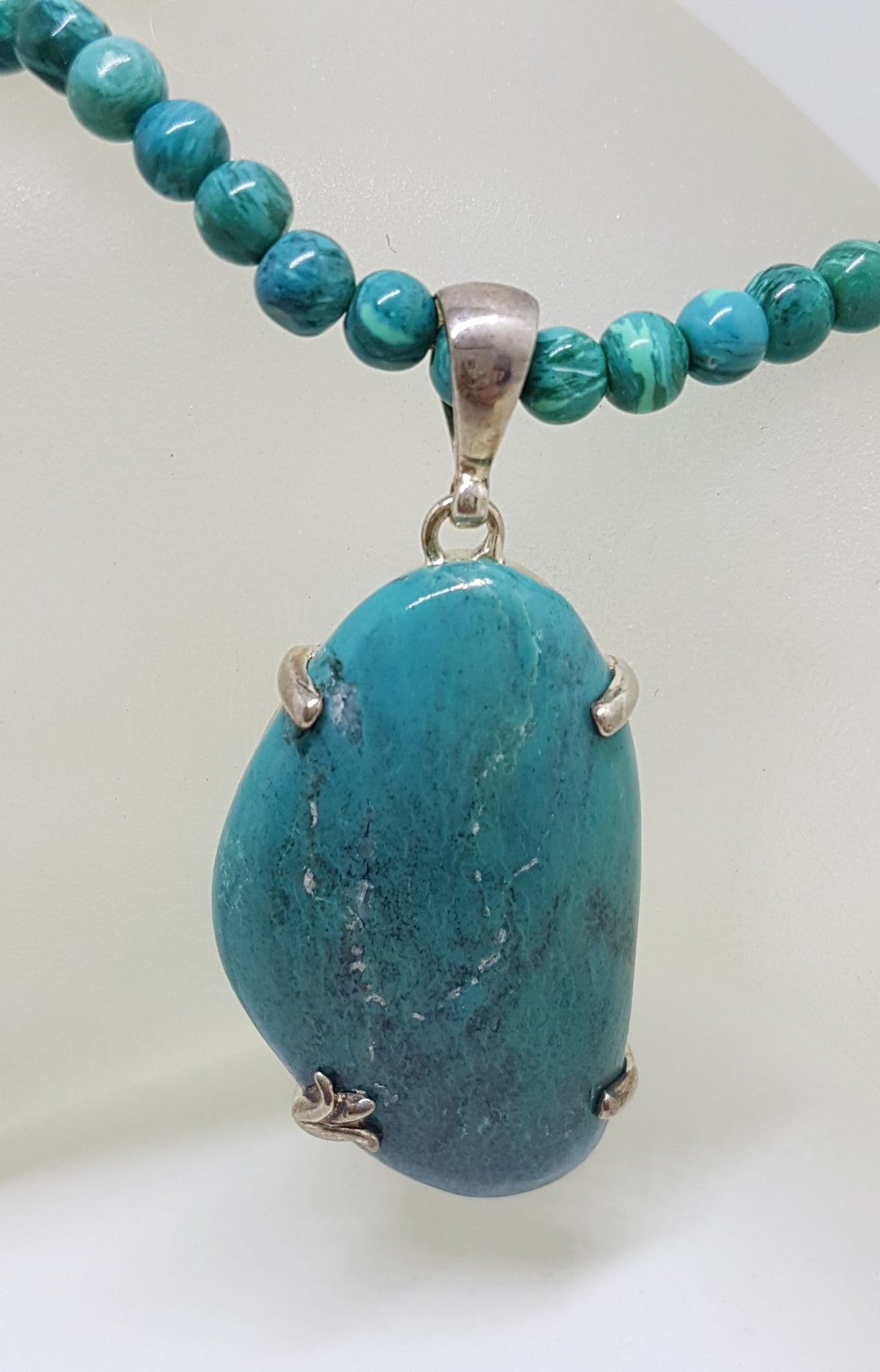 Sterling Silver Large Turquoise Pendant on Turquoise Bead Necklace / Chain
