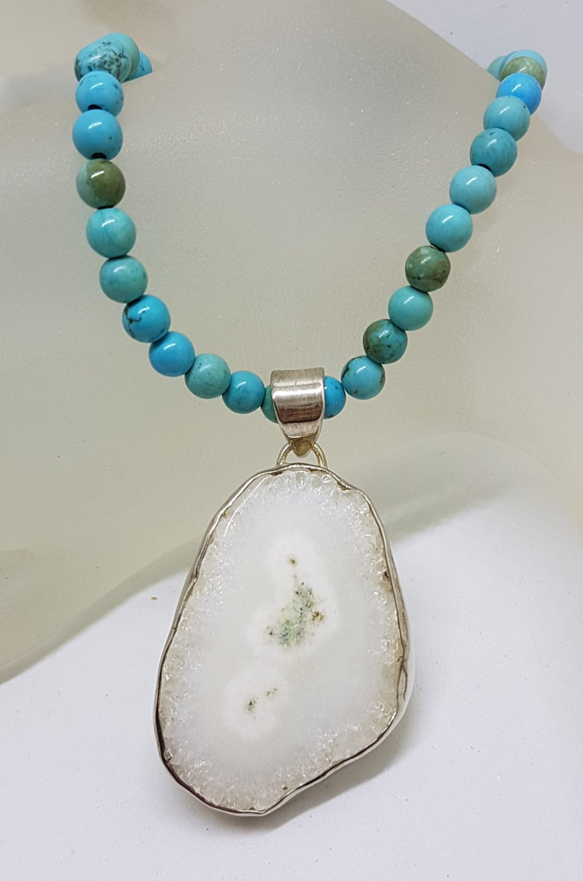 Sterling Silver Large Solar Quartz Pendant on Turquoise Bead Necklace / Chain
