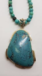 Sterling Silver Large Turquoise Pendant on Turquoise Bead Necklace / Chain
