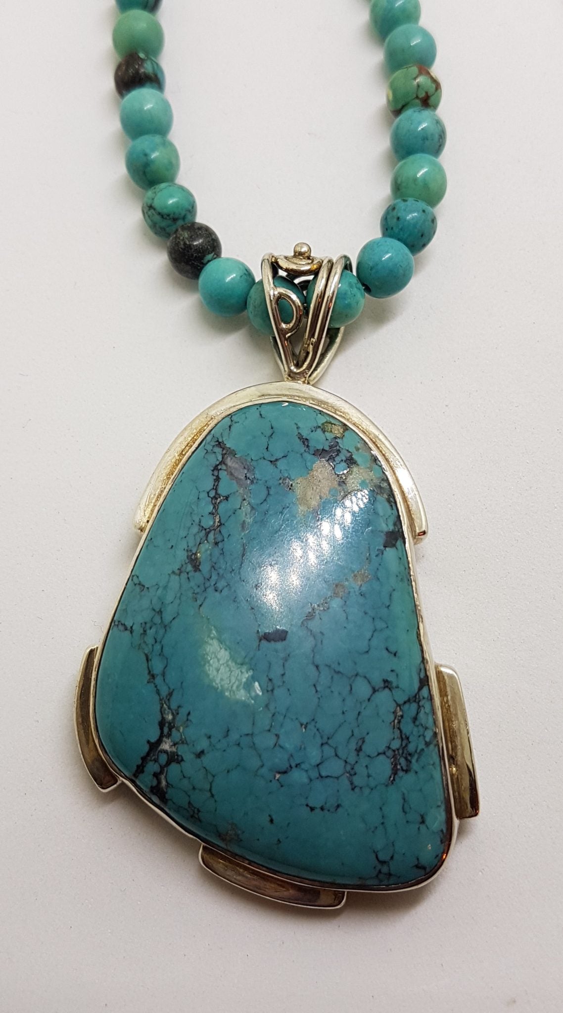 Sterling Silver Large Turquoise Pendant on Turquoise Bead Necklace / Chain