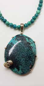 Sterling Silver Large Turquoise Pendant with Skull on Azurite Bead Necklace / Chain