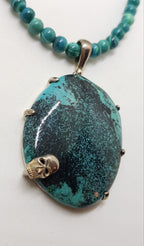 Sterling Silver Large Turquoise Pendant with Skull on Azurite Bead Necklace / Chain