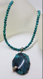 Sterling Silver Large Turquoise Pendant with Skull on Azurite Bead Necklace / Chain