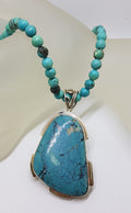 Sterling Silver Large Turquoise Pendant on Turquoise Bead Necklace / Chain