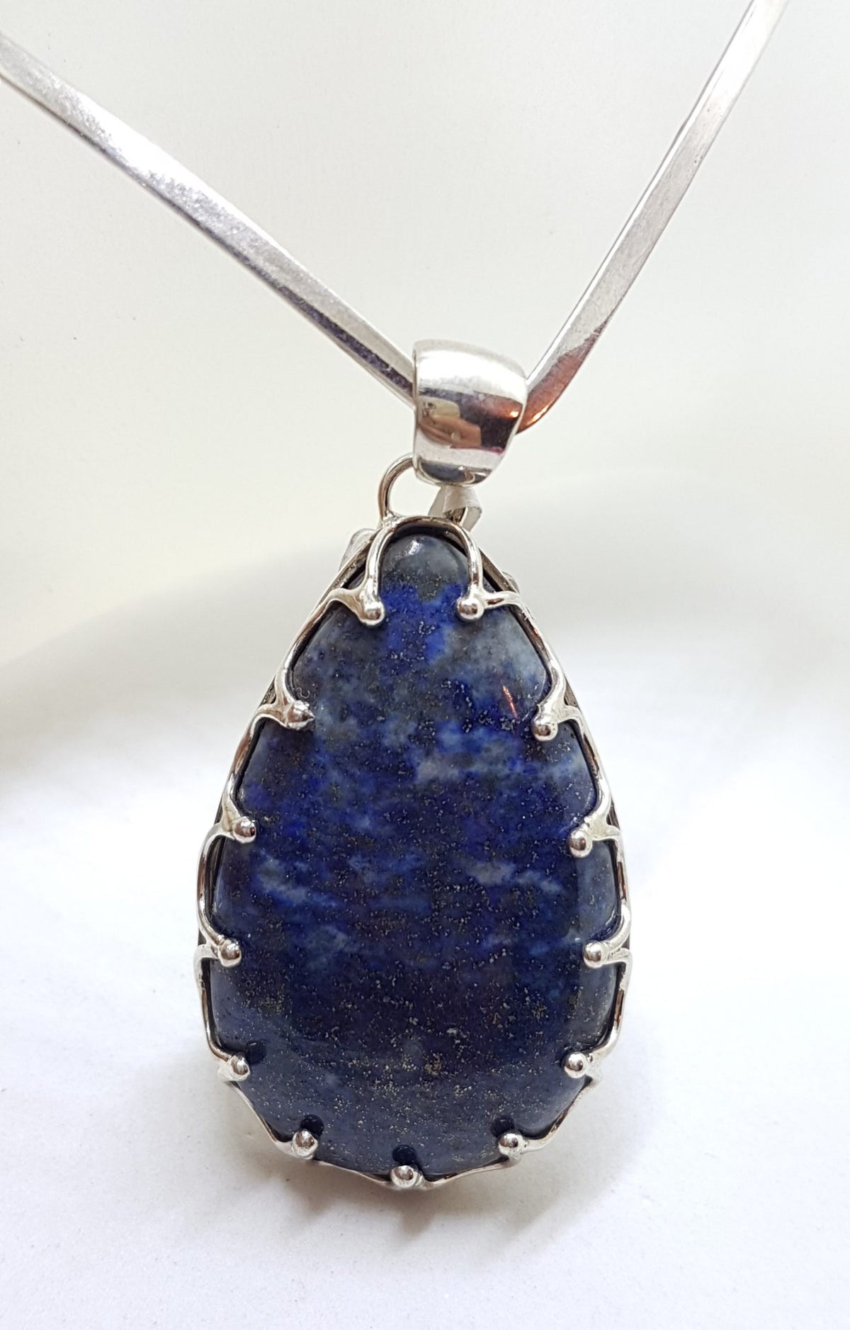Sterling Silver Large Teardrop / Pear Shape Lapis Lazuli Claw Set Pendant on Silver Choker Chain / Necklace