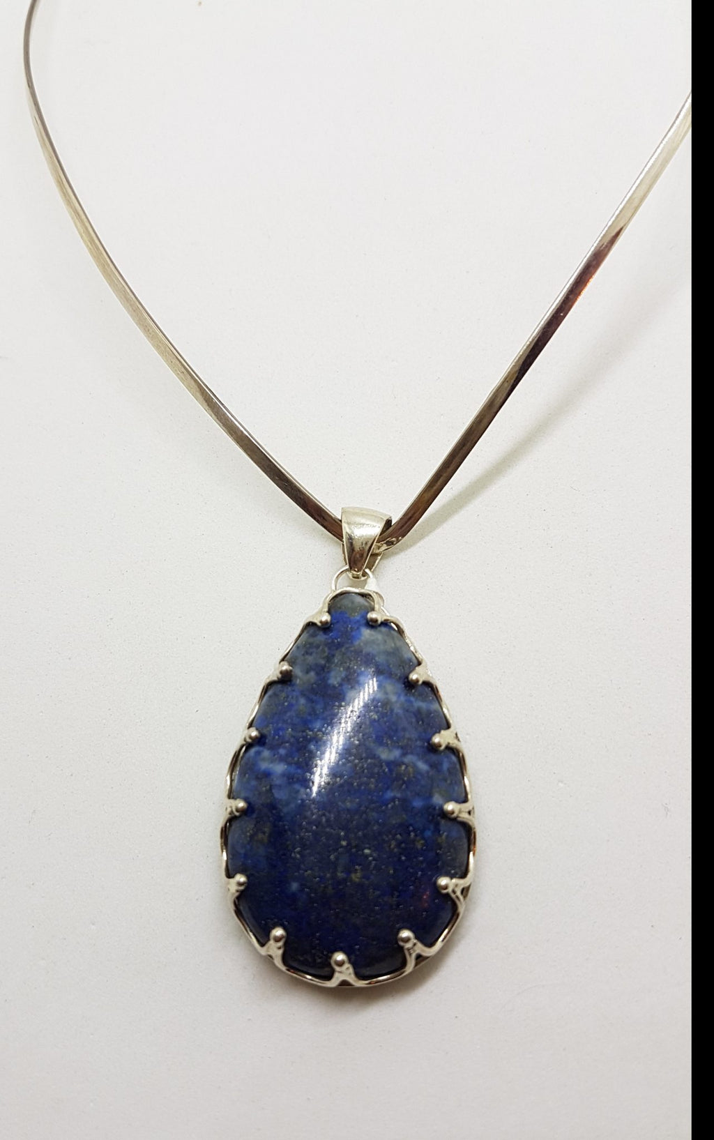 Sterling Silver Large Teardrop / Pear Shape Lapis Lazuli Claw Set Pendant on Silver Choker Chain / Necklace