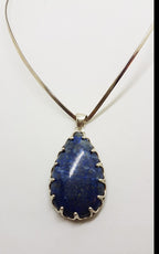 Sterling Silver Large Teardrop / Pear Shape Lapis Lazuli Claw Set Pendant on Silver Choker Chain / Necklace