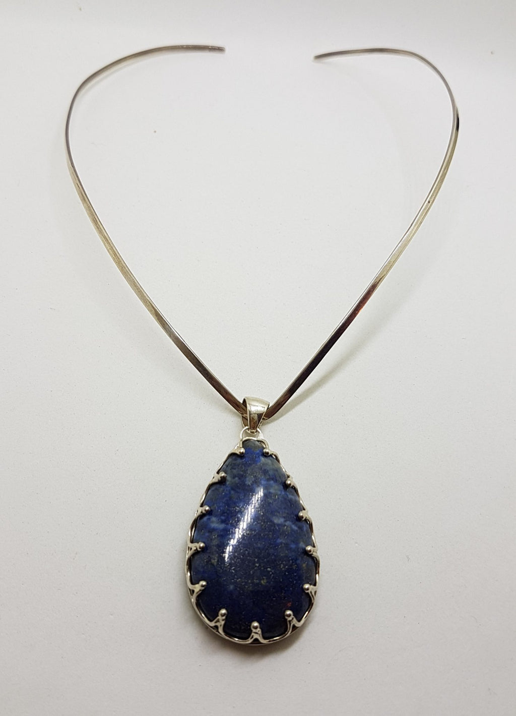 Sterling Silver Large Teardrop / Pear Shape Lapis Lazuli Claw Set Pendant on Silver Choker Chain / Necklace