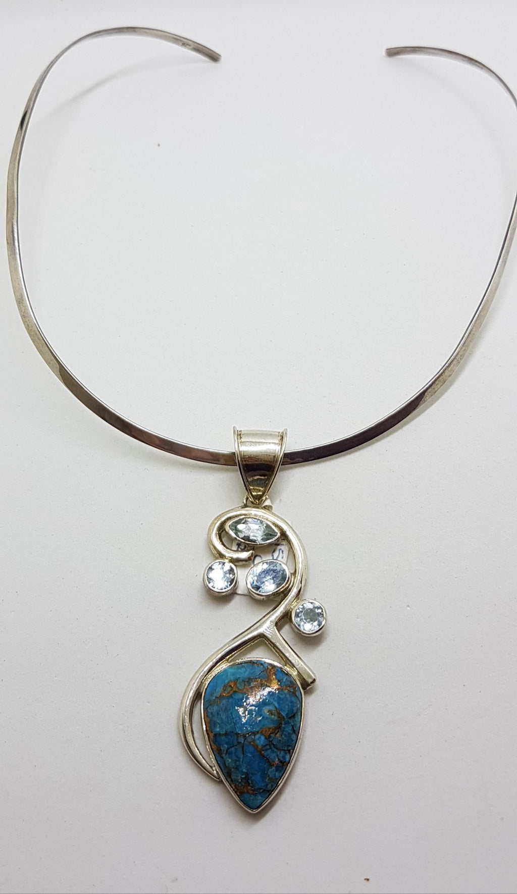 Sterling Silver Large Blue Copper Turquoise with Topaz Ornate Curved Pendant on Silver Choker Chain / Necklace