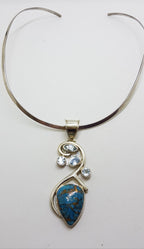 Sterling Silver Large Blue Copper Turquoise with Topaz Ornate Curved Pendant on Silver Choker Chain / Necklace