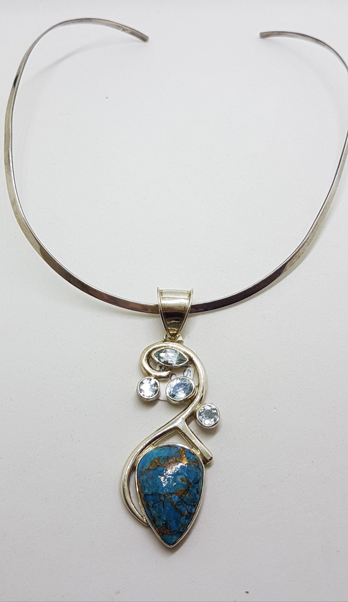 Sterling Silver Large Blue Copper Turquoise with Topaz Ornate Curved Pendant on Silver Choker Chain / Necklace