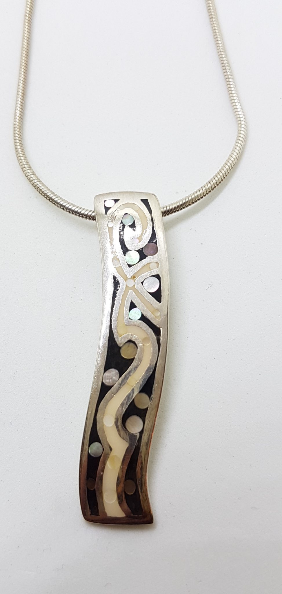 Sterling Silver Long Curved Mother of Pearl Pendant on Silver Chain