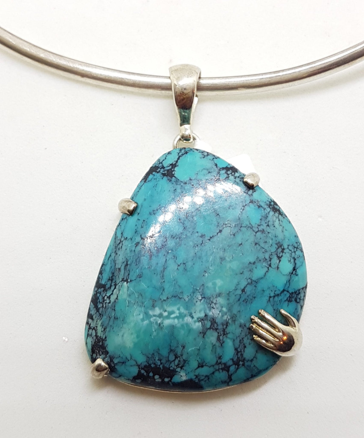 Sterling Silver Large Turquoise with Hand Pendant on Silver Choker Chain / Necklace