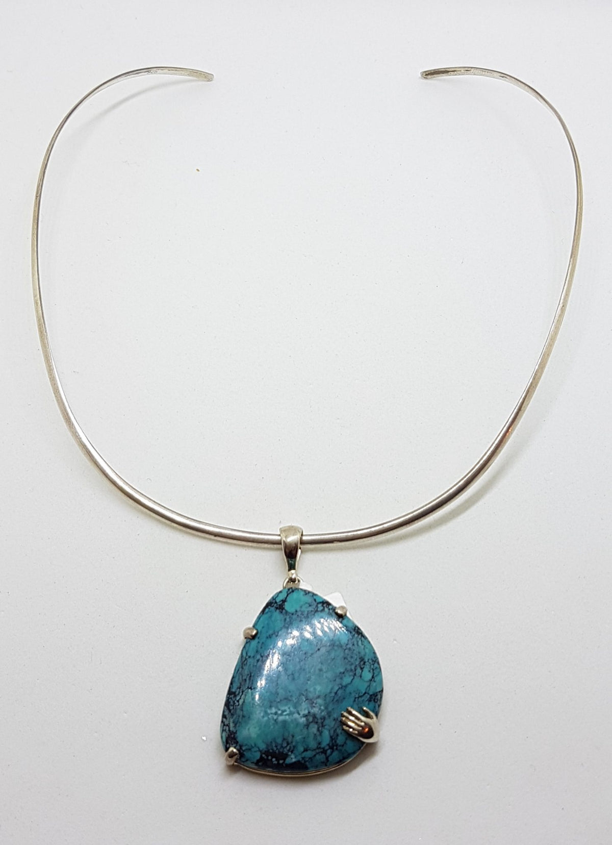 Sterling Silver Large Turquoise with Hand Pendant on Silver Choker Chain / Necklace