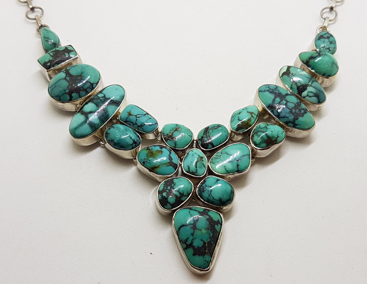 Sterling Silver Large Turquoise Cluster Collier Chain / Necklace