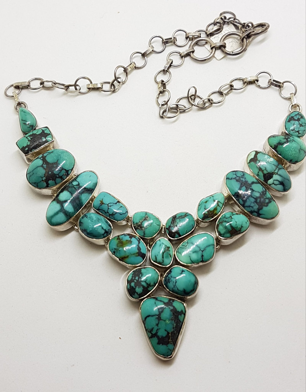 Sterling Silver Large Turquoise Cluster Collier Chain / Necklace