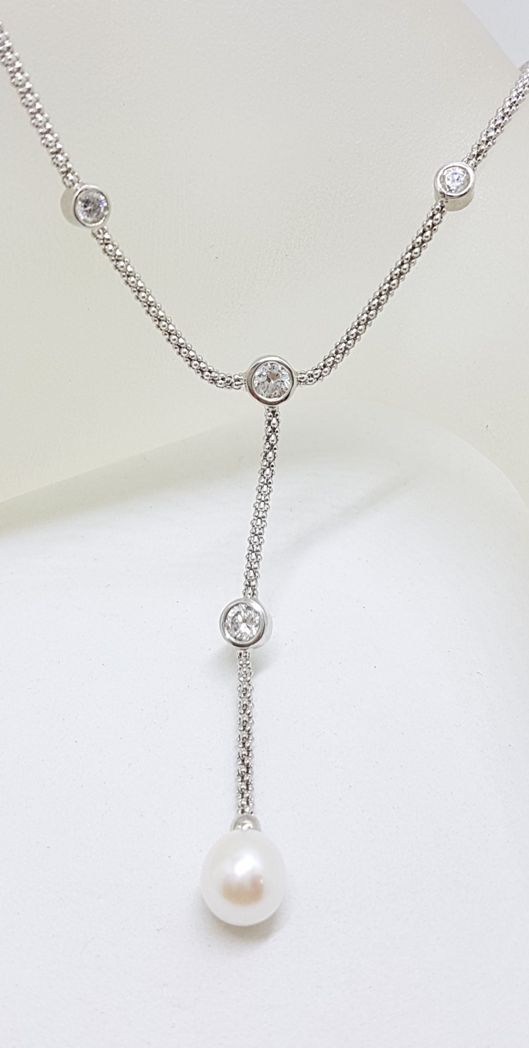 Sterling Silver Pearl and Cubic Zirconia Drop Chain / Necklace