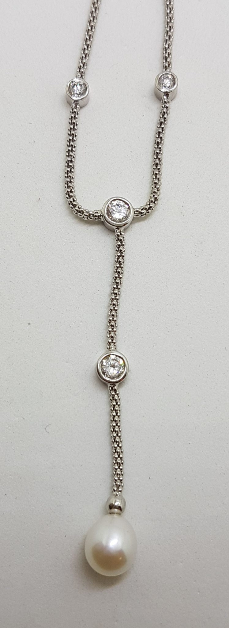 Sterling Silver Pearl and Cubic Zirconia Drop Chain / Necklace