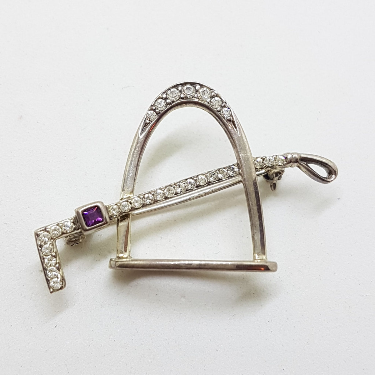 Sterling Silver Horse / Equestrian Stirrup &amp; Riding Crop Whip Brooch with Amethyst &amp; Cubic Zirconia