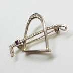Sterling Silver Horse / Equestrian Stirrup &amp; Riding Crop Whip Brooch with Amethyst &amp; Cubic Zirconia