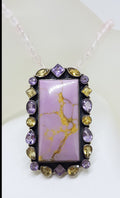 Sterling Silver Large Lavender Phosphosiderite surrounded by Amethyst and Citrine Pendant on Rose Quartz Bead Necklace / Chain - Rectangular