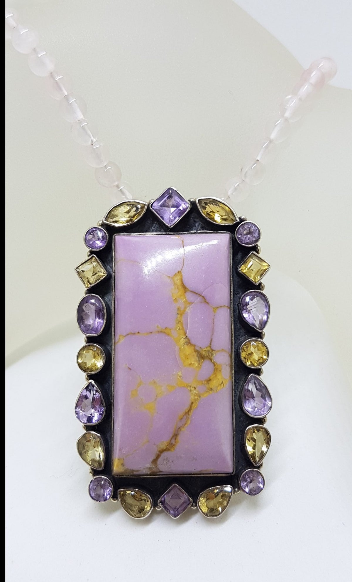 Sterling Silver Large Lavender Phosphosiderite surrounded by Amethyst and Citrine Pendant on Rose Quartz Bead Necklace / Chain - Rectangular