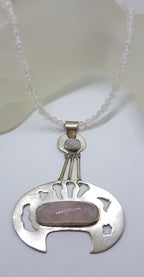 Sterling Silver Large Unusual Rose Quartz Pendant on Rose Quartz Bead Necklace / Chain