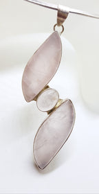 Sterling Silver Very Long Rose Quartz Pendant on Silver Choker Necklace / Chain