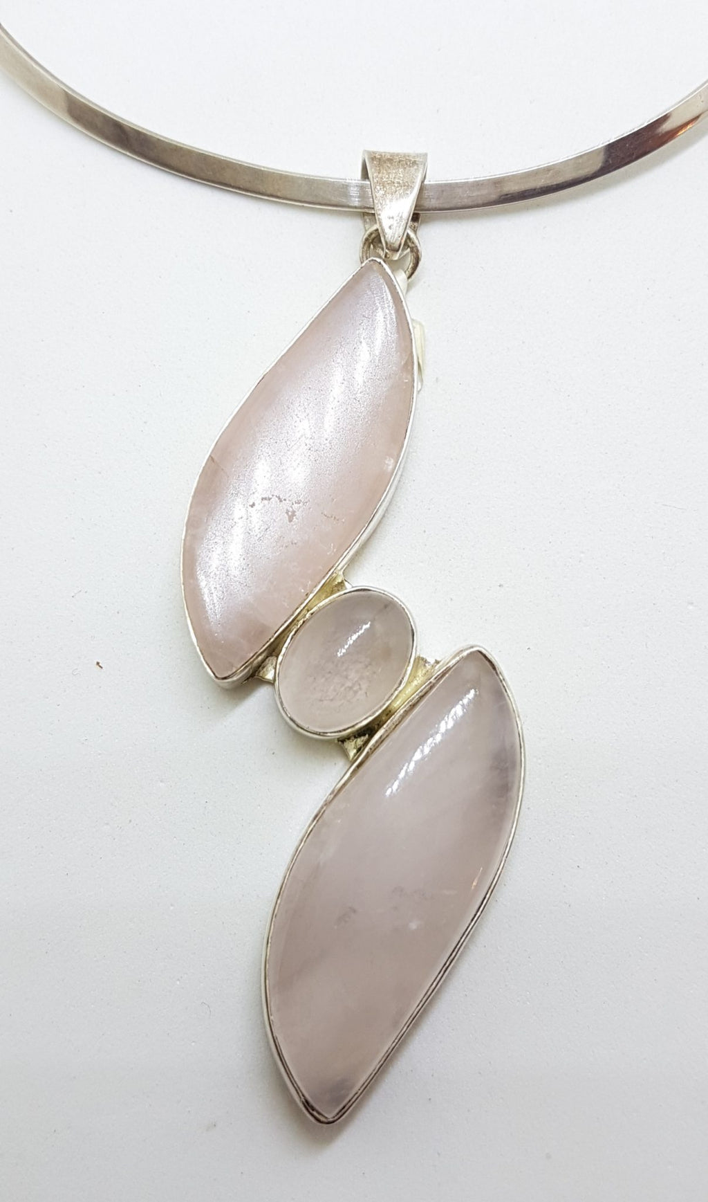 Sterling Silver Very Long Rose Quartz Pendant on Silver Choker Necklace / Chain