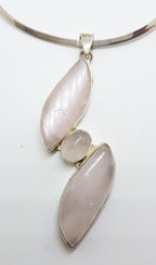 Sterling Silver Very Long Rose Quartz Pendant on Silver Choker Necklace / Chain