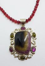 Sterling Silver Large Ornate Multi-Colour Tourmaline Pendant on Gemstone Bead Chain - Pink, Green and Watermelon Tourmaline
